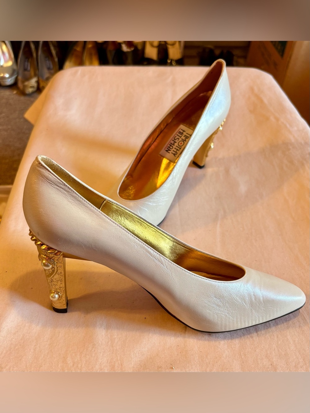 Timothy Hitsman Ivory Pumps with Textured  Gold Heel